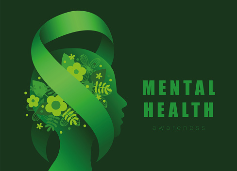 Mental Health Awareness Month vector illustration with green ribbon and flowers. Human abstract profile with green ribbon, Mental health awareness