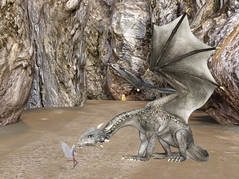 3d illustration of a large white dragon with wings spread leaning over to a tiny, winged woman in a walled canyon.