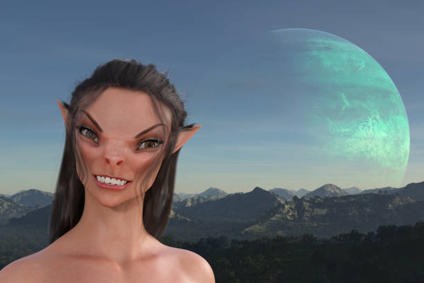 Illustration of a female alien with pointed ears and a creepy smile with an extraterrestrial planet in the background. 3d illustration of a female alien with pointed ears and a forced smile with a green extraterrestrial planet in the background. eye nebula stock pictures, royalty-free photos & images
