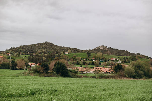 istock Bright spring landscape with mountains covered with greenery and with residential buildings 1480826739