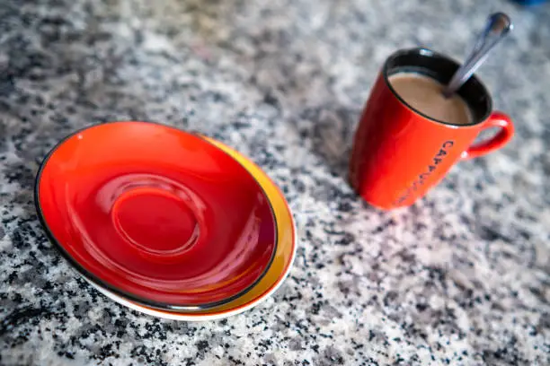 Photo of Two red and yellow coffee saucers superimposed next to a coffee cup with the word 'Cappuccino' stamped on it, on a kitchen bench.