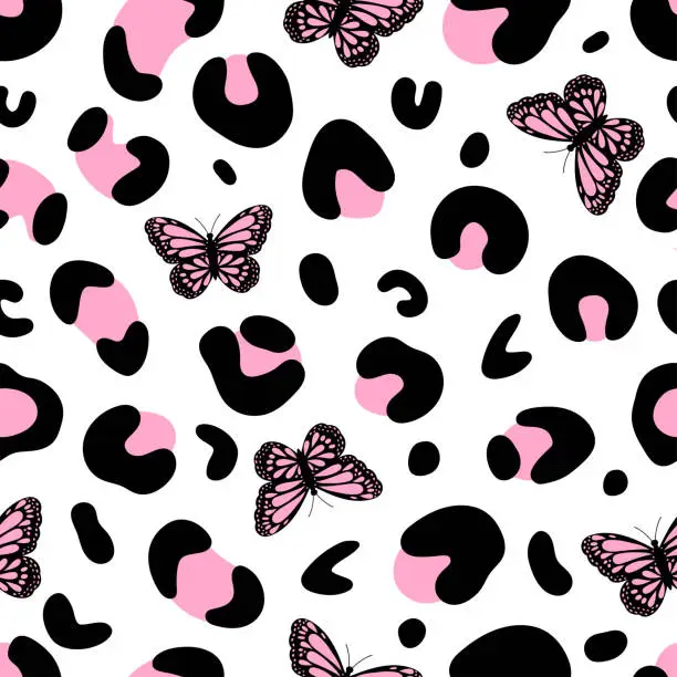Vector illustration of Leopard print with butterfly. Cat paw pattern with pink butterflies. Leopard vector seamless pattern. Leopard skin texture. For textiles, clothing, bed linen, office supplies.