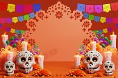 3D rendering for Day of the Dead, Dia de muertos altar concept. Composition of cute sugar skulls, white candles, marigold flowers of the dead. 3d illustration
