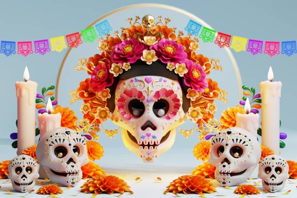 istock 3D rendering for Day of the Dead, Dia de muertos altar concept. Composition of cute sugar skulls, white candles, marigold flowers of the dead. 3d illustration 1480829708