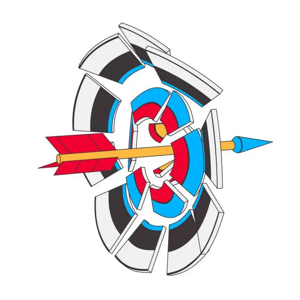 Vector illustration of An arrow breaks target into pieces.
