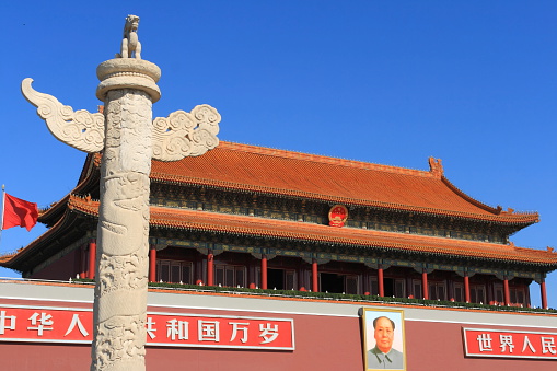 There are a pairs of stone pillars in front of Tiananmen was built more than 500 years ago, its diameter is 98 centimeters high and weighs 20000 kg.Beijing, Tiananmen square, China.