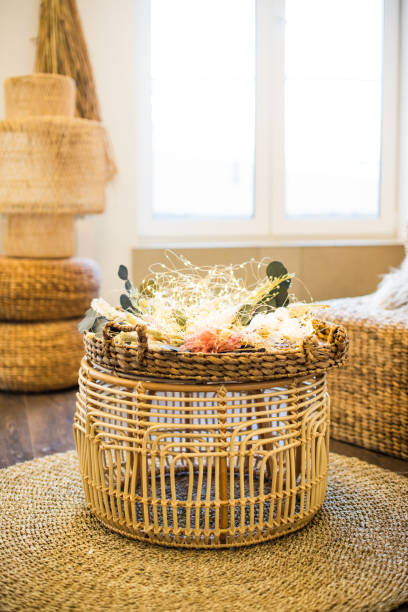 istock A round rattan table on a round rug opposite the window. Home interior in boho style 1480836103