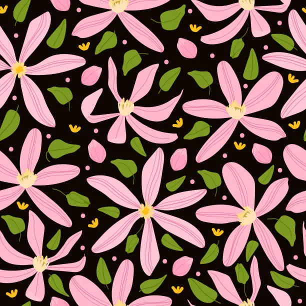 Vector illustration of Pink clematis flowers seamless pattern. Floral black background in rustic style for wedding invite, fabric, wallpaper, wrapping paper, poster