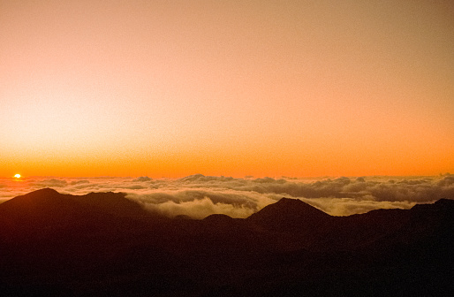 Vintage 1980s film photograph of the Haleakala Crater - House of the Sun located in Haleakala National Park in Maui at sunset.