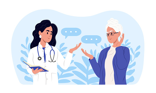 A family doctor is talking to an elderly patient. Awareness of the elderly about, Alzheimers disease, Cardiovascular diseases, Cancer, Osteoporosis, Arthritis, Parkinsons disease, Diabetes