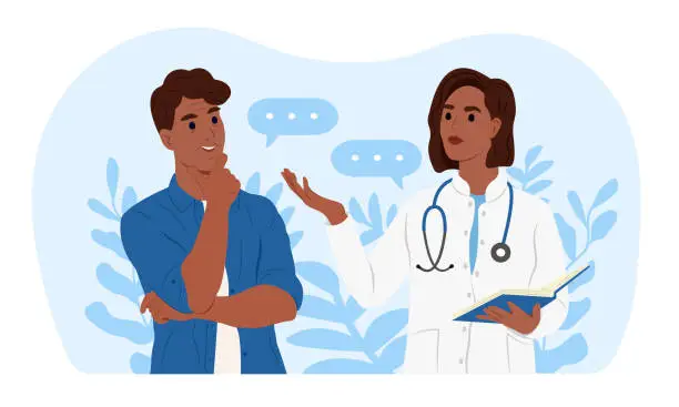Vector illustration of An African-American female family doctor is talking to an elderly African-American male patient.