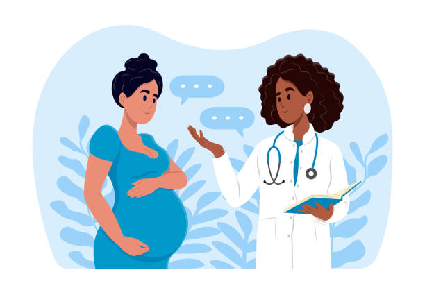 kobieta spodziewająca się dziecka odwiedza gabinet lekarski, badanie w czasie ciąży. kobieta w ciąży rozmawia z ginekologiem położnikiem. konsultacja i badanie podczas koncepcji ciąży. - human pregnancy obgyn women child stock illustrations
