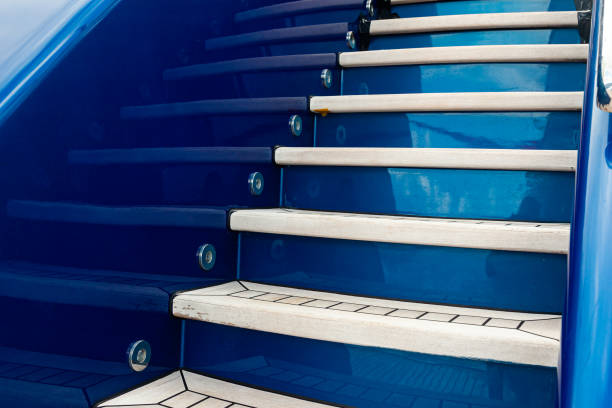 istock Upward-facing teak stairs on a luxury yacht. 1480845617