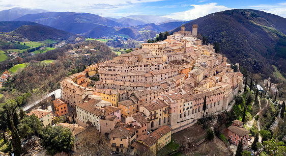 Italy, Umbria region most scenic places. beautifull Medieval village Nocera Umbra, Perugia region. Aerial drone panoramic view