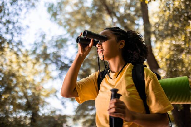 istock Hiker holding hiking poles watching through binoculars 1480845859
