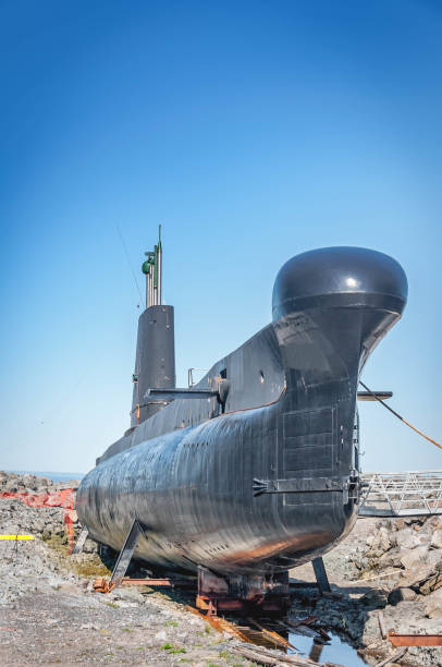 ancient  submarine anchored stock photo