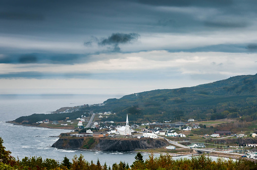 typical small village of Gaspe Peninsula, Quebec, Canada - focus on foreground