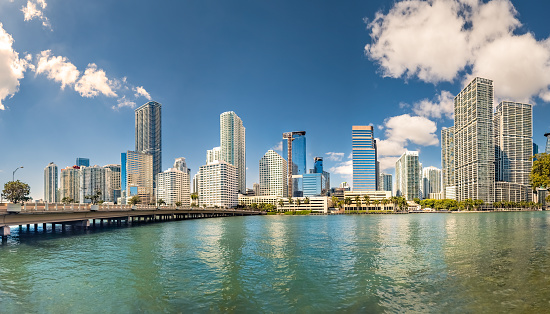 Panorama of Miami, Florida skyline on a sunny morning. Miami is a majority-minority city and a major center and leader in finance, commerce, culture, arts, and international trade.