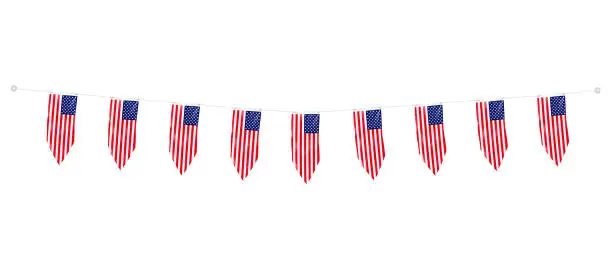 Vector illustration of Flag of USA pennant banner garland vector mockup. Hanging textile US American flags mock-up. Holiday festoon bunting. Template for celebration design