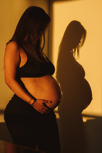 Latin woman 8 months pregnant posing at home at sunset