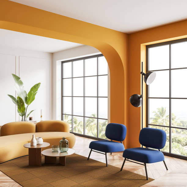 istock Colored lounge zone interior with couch, armchairs and panoramic window 1480850260