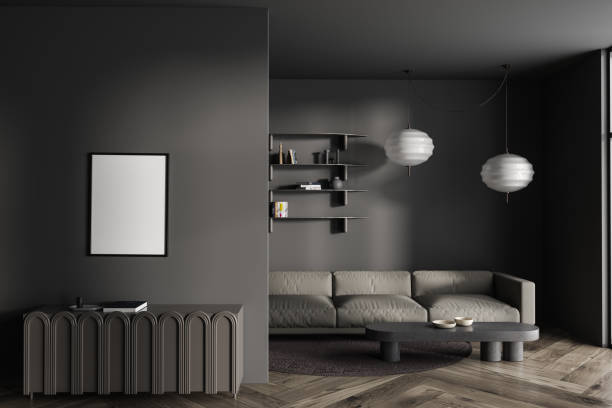 istock Gray living room with sofa, cabinet and poster 1480850401