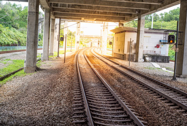 istock Train station track with sunset view - transport concept 1480850432