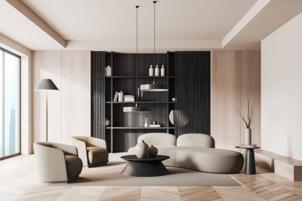 istock Modern living room interior with couch and two armchairs with shelf and window 1480850943