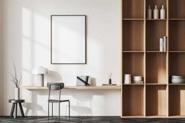 istock White and wooden home office with poster 1480850962