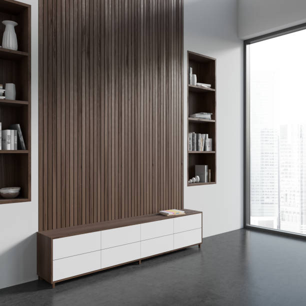 istock Stylish living room interior with sideboard and decoration, window. Empty wall 1480851388