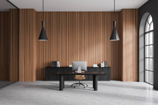 istock Wooden modern ceo interior with desk and pc computer, panoramic window 1480851472