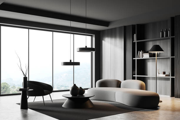 istock Panoramic gray living room with sofa and armchair 1480851498