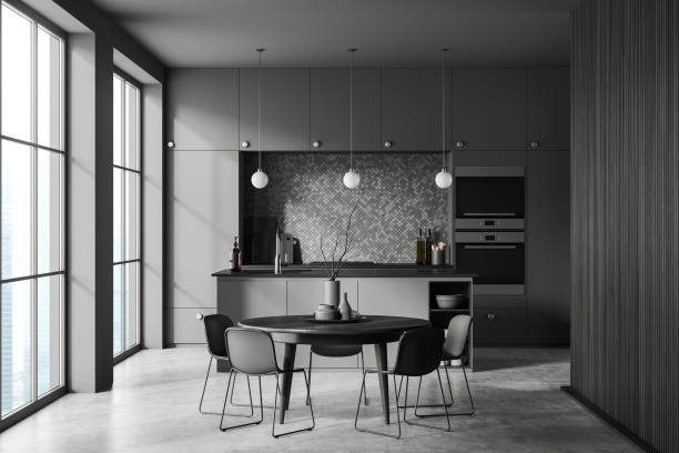 istock Grey kitchen interior with dining and cooking zone with bar island, window 1480851512