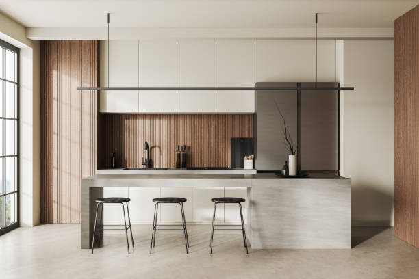 istock Light kitchen interior with bar island and cooking area, panoramic window 1480851521