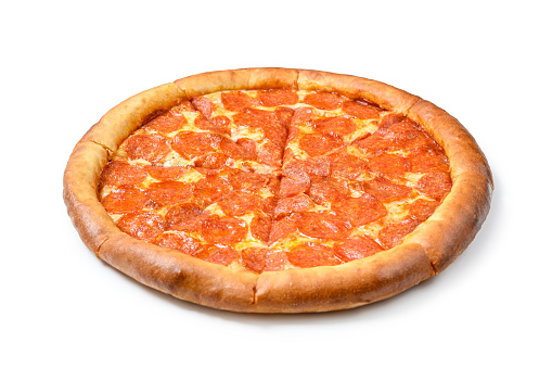 Fresh piperoni pizza on a white background.