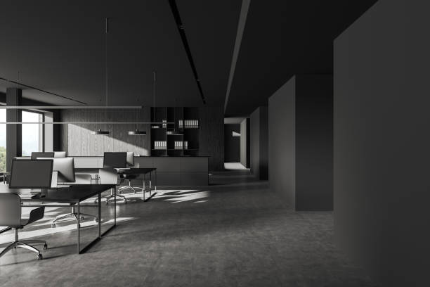 istock Grey office room interior with coworking area and shelves with window 1480851612