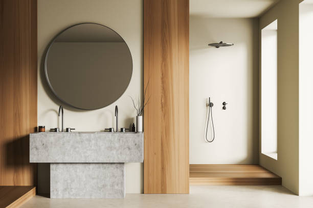 istock Light bathroom interior with double sink and douche, accessories and window 1480852153