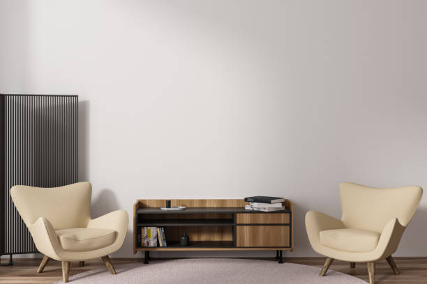 istock Light living room interior with two seats and sideboard. Mockup empty wall 1480852174