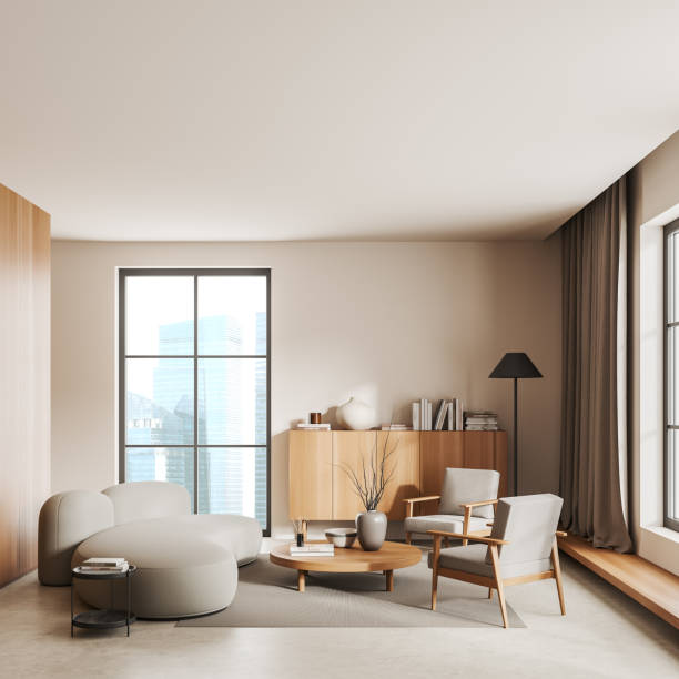 istock Light meeting interior with couch, armchairs with drawer and panoramic window 1480852338