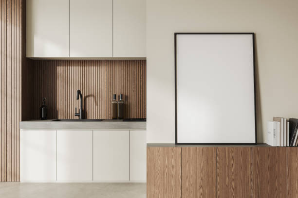 istock Cozy kitchen interior with cooking area, drawer and mockup frame 1480852374