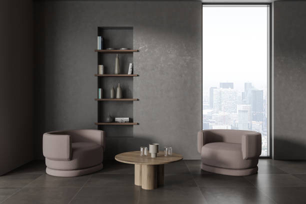 istock Grey living room interior with armchairs and minimalist decoration with window 1480852462