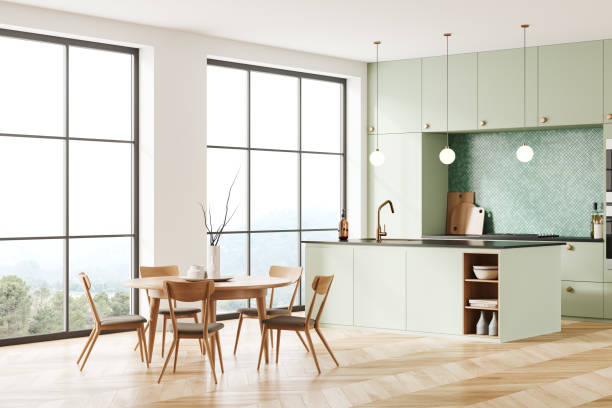istock Luxury kitchen interior with eating and cooking corner, bar island and window 1480852558