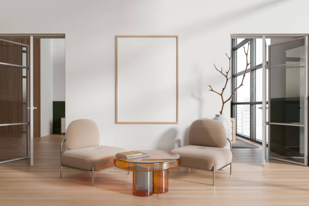 istock Light business room interior with relax place and decoration. Mockup frame 1480852597