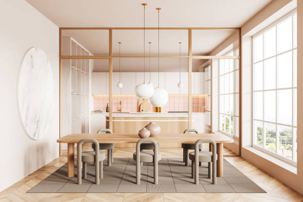 istock Light kitchen interior with dining and cooking area, bar island and window 1480853206