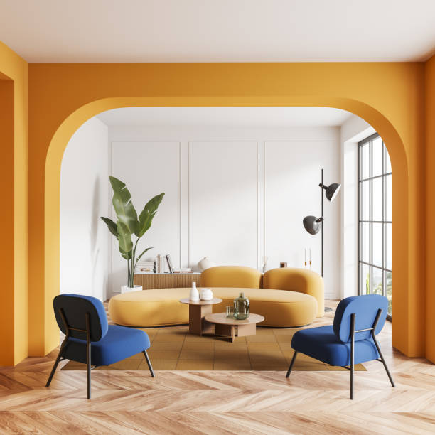 istock Bright living room interior with couch, armchairs and panoramic window 1480853214