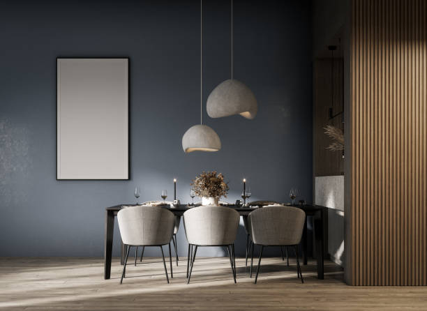 istock Modern concept interior of dining room with empty white picture frame. 1480853515