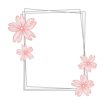 Frame with flowers square shape. Thin line art. Wildflower decorations for simple design and element for holiday template or wedding postcard. Vector illustration isolated on white background.