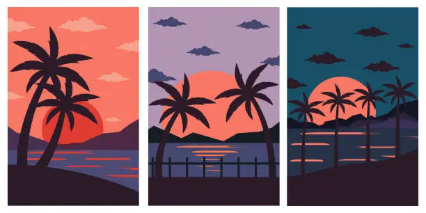 Vector illustration of Vector set of tropical backgrounds with palms, sea,clouds,sky,beach. .