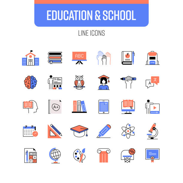 bildung und schule line icon set. schüler, unterricht, klassenzimmer, abschluss - mathematics mathematical symbol student teacher stock-grafiken, -clipart, -cartoons und -symbole