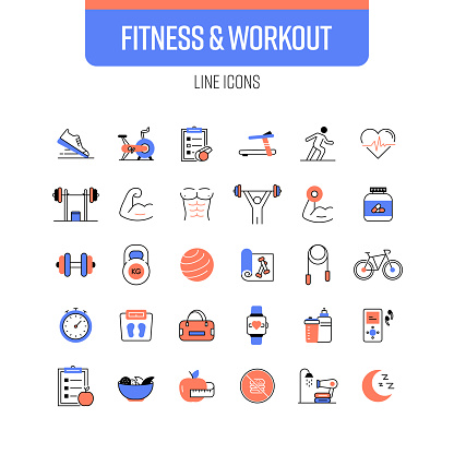 Fitness and Workout Line Icon Set. Gym, Body Building, Muscle, Healthy Lifestyle